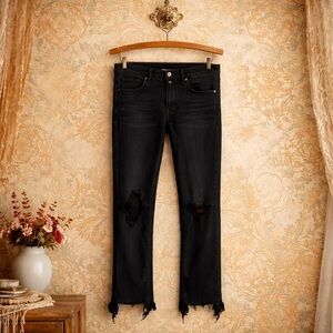 Hidden faded black distressed destroyed  button fly stretch jeans 26